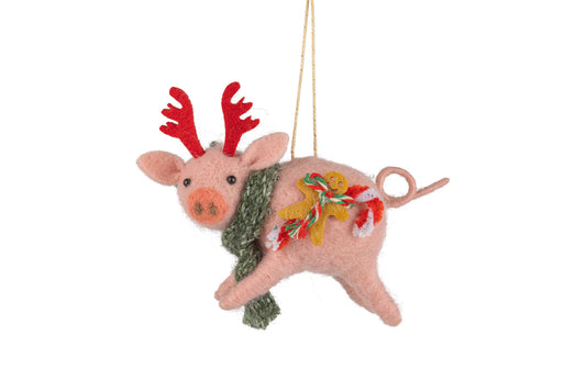 Felt Pig with Antlers Ornament