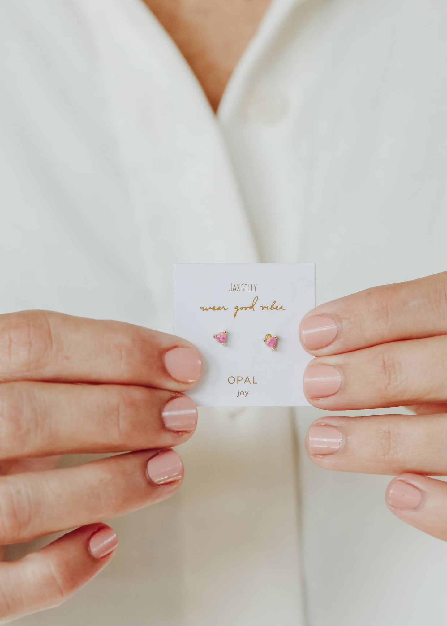 Tiny Pink Opal Heart Gold Earrings