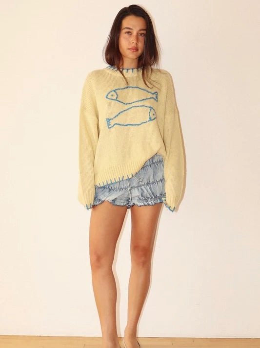 Sardine Pullover Sweater with Stitching Hem