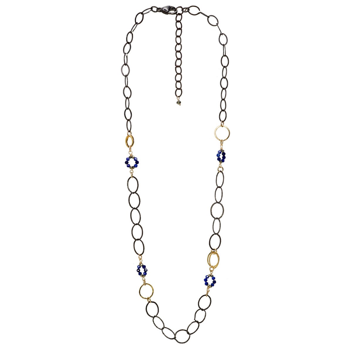 Oxidized sterling silver and 14k gold-filled chain with wrapped lapis and pyrite circles