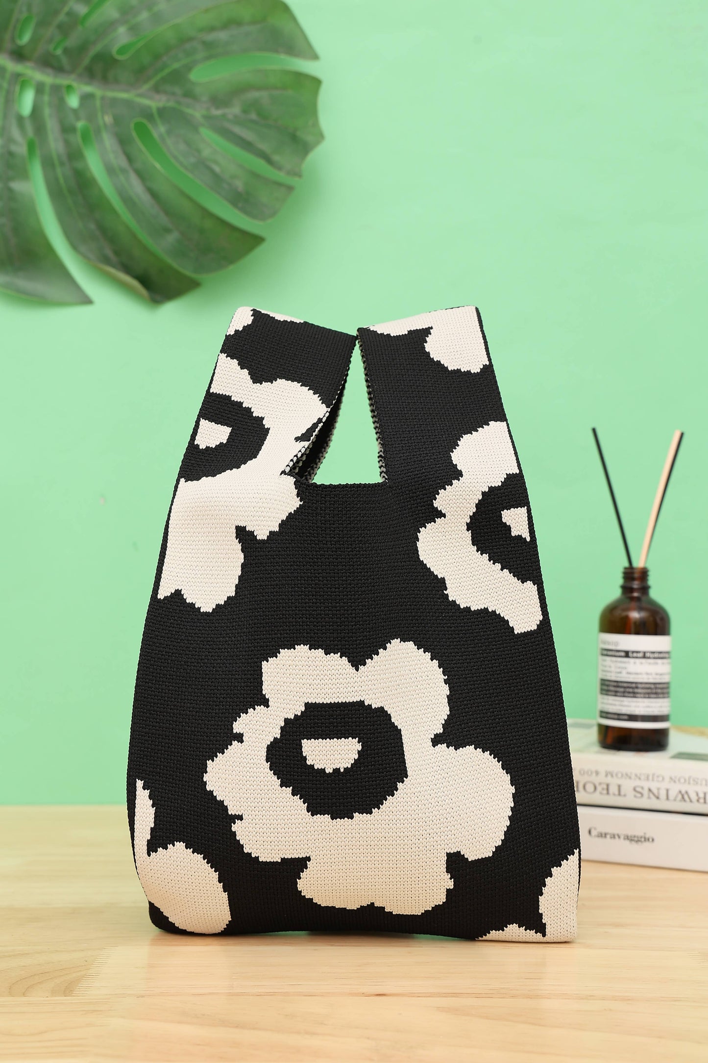 Mini Knitted Handbag - Black/White Floral