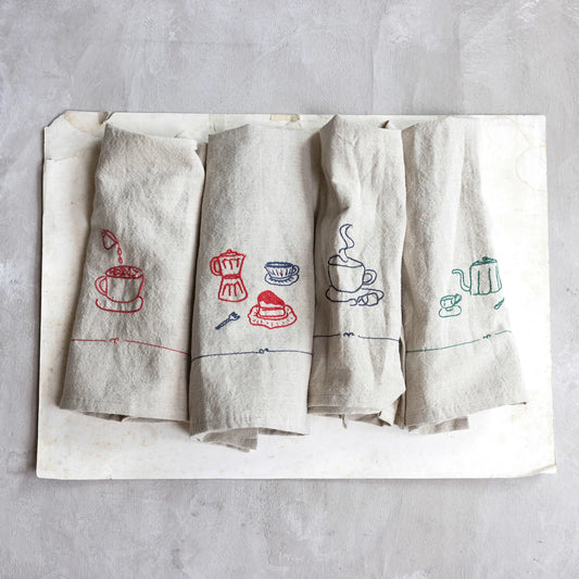 Bistro Embroidered Woven Linen & Cotton Tea Towels