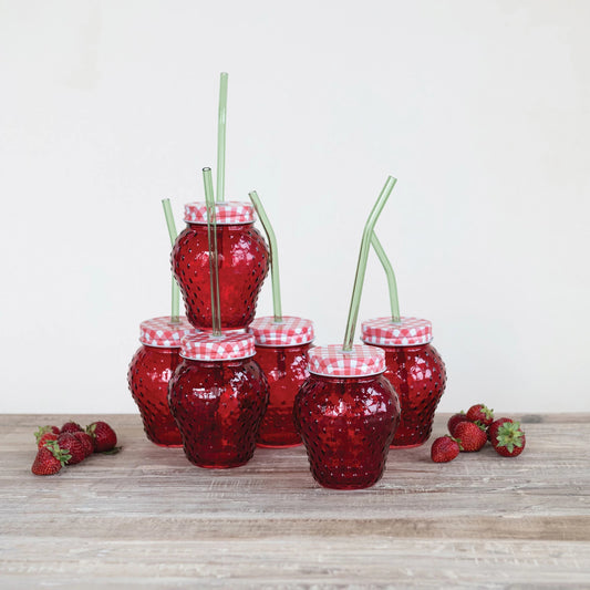 16 oz Vintage Strawberry Shaped Glass with Lid & Glass Straw