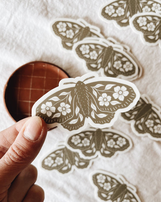 Sage Green Floral Moth Vinyl Sticker