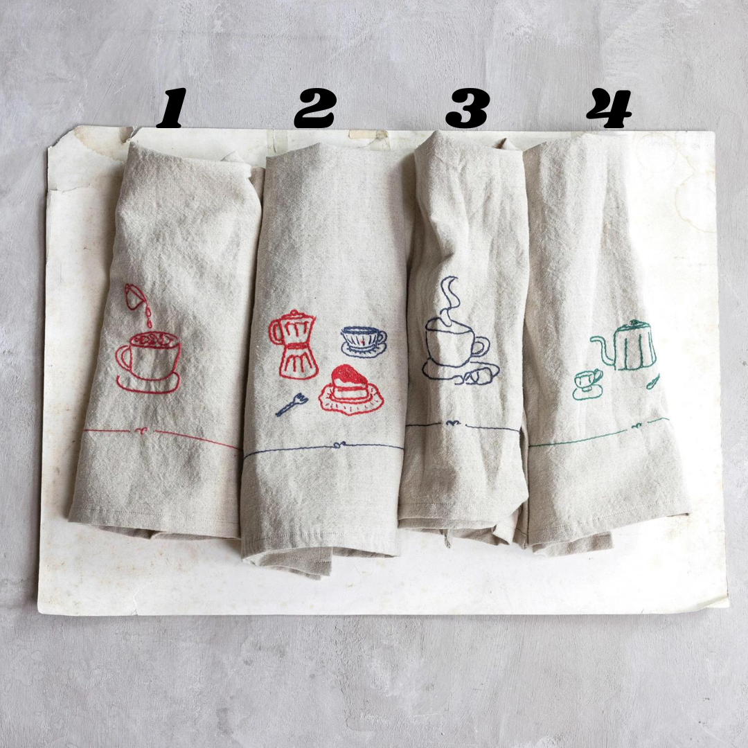 Bistro Embroidered Woven Linen & Cotton Tea Towels